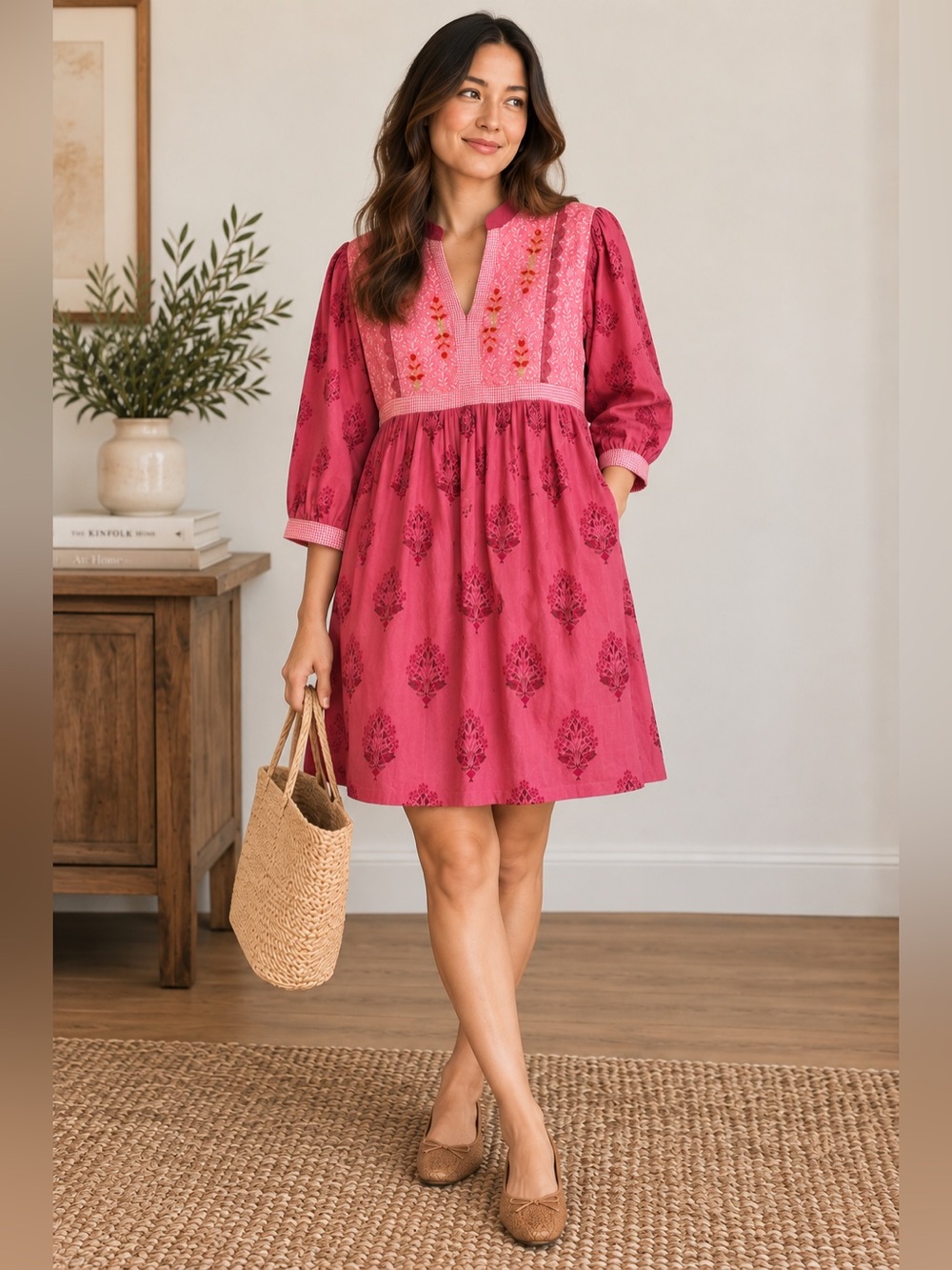 Pink Floral Midi Dress Women's Small Cottagecore Boho V-Neck Summer